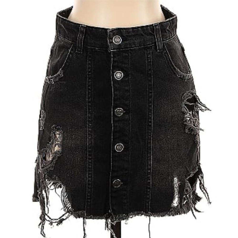 Free People Black Distressed Denim Skirt
